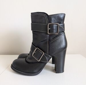 Lower East Side Women's Y2K Black Leather Block Heels Boots Size 7